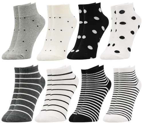 VEGCOO 8 Paires Chaussettes Femme, Socquette Femme 35-40 en Coton à Rayures à Pois pour l'usage Quotidien