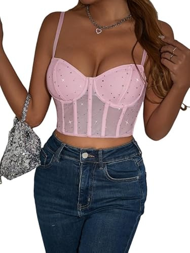 Sukiglam Korsett Dam Glittrande Bodysuit Spets Toppar Elegant Sommar Linne Med Justerbara Tunna Axelremmar Sexig Slim Fit Bustier Ärmlös Mesh Kort Mesh Crop Toppar Klubbar, Rosenröd, S