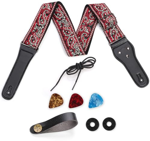 TYXHXTF Sangle de Guitare, Ajustable Tissé Sangle Guitare avec Extrémités en Cuir, avec 3 Médiators, Accessoires pour Guitare Acoustique Basse Électrique