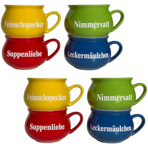 BURI Suppentassen 8er-Set aus Keramik | Bunte Henkel-Schüsseln mit Sprüchen | 400 ml | Spülmaschinenfest & mikrowellengeeignet | Mediterraner Stil