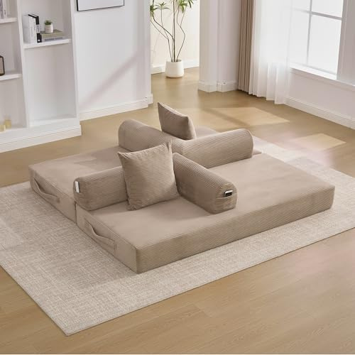 OOIILLEE Canapé 3 Places avec Poches latérales et Trois Coussins, Canapé Compression Pliable avec Structure métallique Robuste, Fauteuil rembourré pour Le Salon pour bricoler (Métal et Tissu,Kaki)