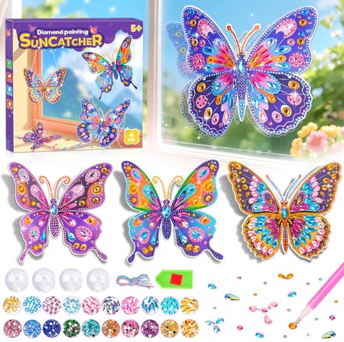 Basteln Mädchen 8 10 6 Jahre, Bastelset Kinder ab 6 Jahre Schmetterling Geschenk Mädchen 7 5 8 9 10 Jahre DIY Diamond Painting Kinder Spielzeug ab 4-12 Jahre Window Color Set Sonnenfänger Fensterdeko