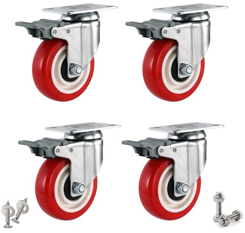 4 rotelle per carichi pesanti con freno, 100 mm, fino a 600 kg, girevoli a 360 gradi, colore rosso, ruote per mobili, con 2 tipi di viti