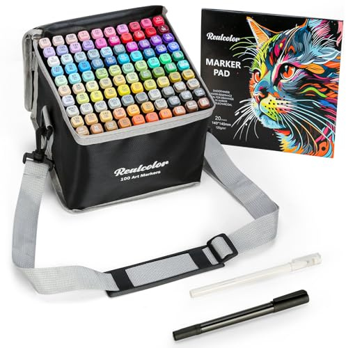 realcolor Set med 100 alkoholmarkörer, konstmarkörer med dubbla spetsar för färgläggning av vuxna, alkoholmarkörer, set för ritning, färgning, skissning, korttillverkning, illustration, perfekt för