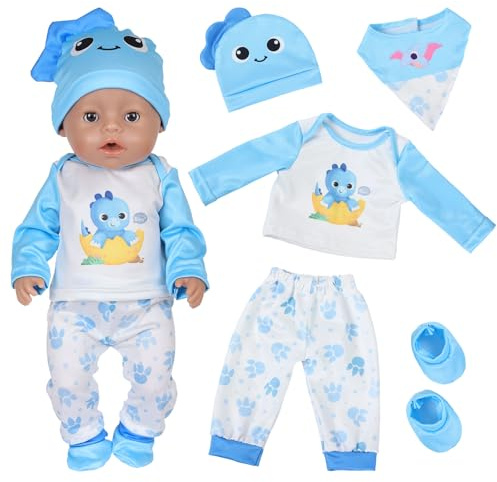5Pcs Doll Clothes for 14-18 Inch Baby Dolls, Cute Dinosaur Doll Accessories with 1 Long Sleeves 1 Trousers 1 Hat 1 Bibs 1 Sock Rebirth Baby Doll Clothes 43cm for Girl's Birthday Gift