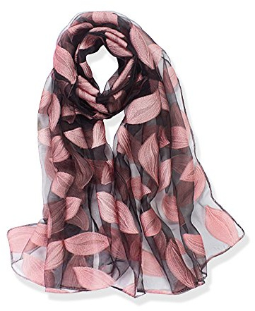 YFZYT Donna Moda Organza Morbida Sciarpa Scialle Collo avvolto Foulard Rubato, Anti-uv Modello di Ricamo Fiore Chiffon Sciarpa di Seta Scialle - Foglie Rosa