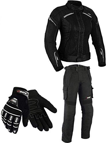 BOSmoto DAMEN MOTORRADKOMBI JACKE + HOSE + HANDSCHUHEN (XL, Schwarz)