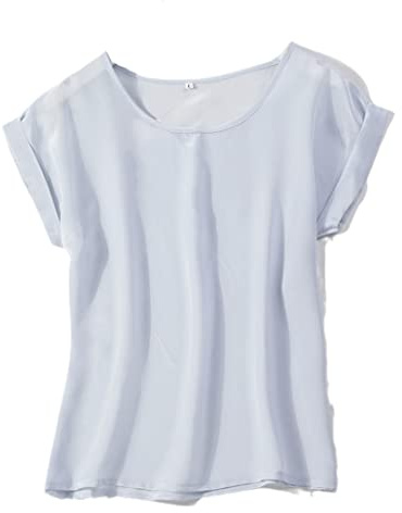 Camicetta da donna 100% pura seta di gelso con scollo rotondo camicia manica corta taglie forti, Azzurro, XL