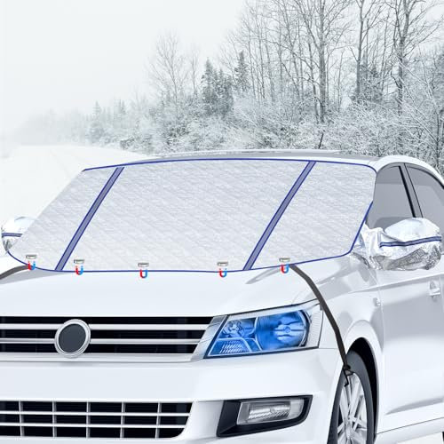 Oziral Car Windscreen Snow Cover Windshield Cover for Winter Foldable Improved with 5 Magnetic Windscreen Cover with Two Mirror Covers against Snow ICE Dust Frost UV Protection 45 * 63in/115 * 160CM