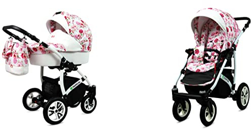 Babylux Tropical Barnvagn 2in1 Djup och Barnvagn med Tillbehör Justerbar och Hopfällbar Lätt Aluminiumkonstruktion 2 Monteringsalternativ Vattentäta Ogenomträngliga Hjul Hibiscus