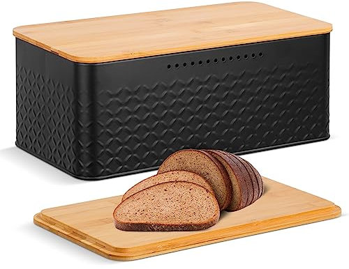 Worephu Bread Bin Bread Storage Box with Bamboo Lid, Black Bread Storage Container Bin, for Kitchen Countertop Organizer (Black)