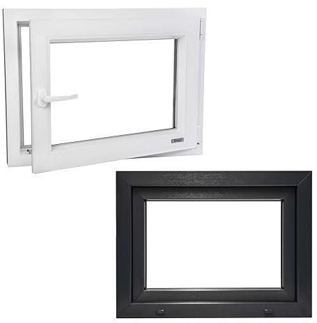 Fenster auf SALAMANDER Profile - Kunststofffenster Anthrazit BxH 800x900 mm - Garagenfenster/Gartenhausfenster/Kellerfenster 80x90 cm 2-fach Verglast - Din Rechts - Funktion Dreh Kipp