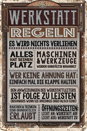 LUCKYLINDE wetterfestes 20 x 30 cm Blechschild für WERKSTATT und GARAGE – lustiger Spruch, Werkstattregeln, Handwerker und Schrauber Deko Schild