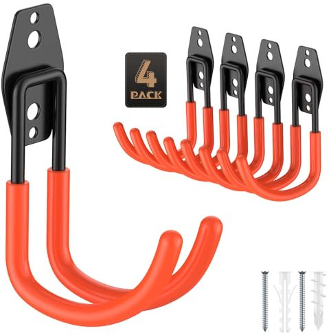 YouthZeal 4 Pack 5.5x4.1 Inch J Garage Hooks,Utility Steel Heavy Duty Wall Mount Hangers,with Anti-Slip Coating,for Hanging Bike,Ladder,Ropes,Bulk Items,Power,Yard and Garden Tools