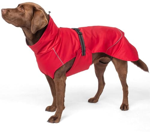 Bunty XXL Waterproof Dog Coat - Adjustable Fleece Lined Jacket with Reflective Piping | Harness Hole | Dog Raincoats Waterproof for All Breeds | XXL, 55cm, Red
