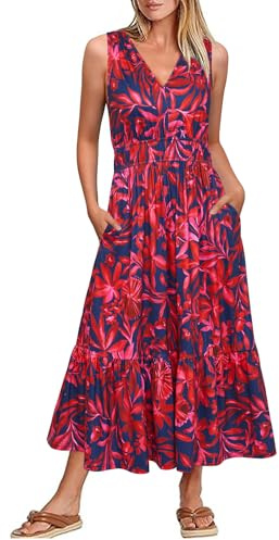 Newshows Women's Summer Dress V Neck Sleeveless Flowy Tiered Casual Beach Midi Sundress with Pockets