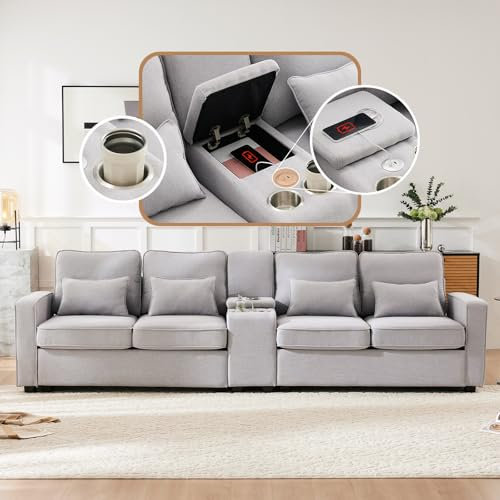 DRIXNO 4-Sitzer-Sofa aus Leinenstoff mit Konsole Grau, 2 Getränkehaltern, 2 USB-Anschlüssen zum Aufladen mit Kabel, mit Armlehnentaschen und 4 Kissen, Einfaches Sofa für Wohnzimmer, Wohnung, Büro