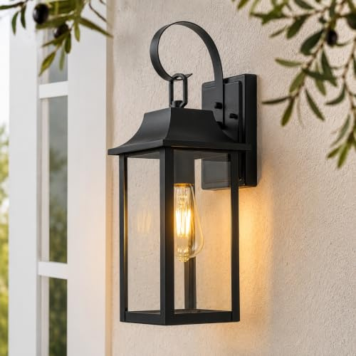 FTL Outdoor Wall Lantern Lights, Large Matte Black Outside Porch Light, E27 Exterior Wall Light Fixture with Clear Glass, IP44 Waterproof Front Door Lighting, Patio Wall Sconces for Garden, Entryway