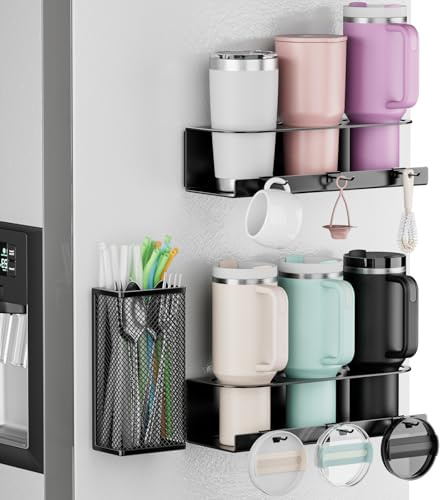 Stanley - Portavasos magnético de 20/30/40 onzas, paquete de 2 organizadores de vasos para refrigerador, organizador de botellas de agua con cesta para popote y 6 ganchos, tapas de vaso