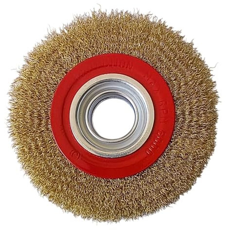 Spazzola Circolare per Mola da Banco Ø 150mm Setole Acciaio Ottonato con Adattatori Albero - Ideale per Pulizia, Sbavatura, Lucidatura Leggera e Rimozione Ruggine da Metallo, Legno e Altri Materiali