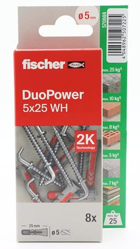 fischer - Duopower 5 x 25 avec douchette - 8U, chevilles murales multi-matériaux, pour accrocher des vélos, des cadres, des armoires, des supports de télévision, des étagères, des meubles.