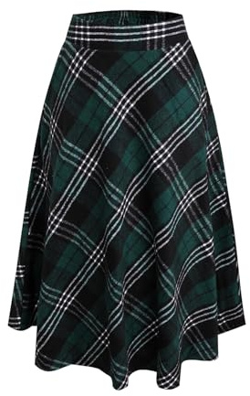 Lång damkjol, elegant, maxi, vinterkjol, rutig, varm, ullkjol, hög midja, rutiga kjolar, höst, elastisk midja, vintage, A-linje, ledig, midi, veckad kjol, 8030 grön, 3XL