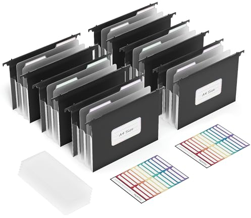 ThinkTex Dossiers Suspendus A4, Extensibles avec Étiquettes et Séparateurs, Adaptés aux Classeurs et aux Maisons, Écoles et Entreprises (Noir, Lot de 6)