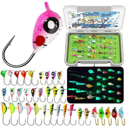 Dovesun Ice Fishing Jigs Kit Glow in The Dark Fishing Gear Lures 35 Pcs Ice Jig Head with Tackle Box for Panfish Walleye Crappie Perch Bluegil Trout