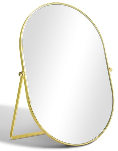 TSKDKIT Tabletop Mirror 30 × 20 cm Desk Mirror on Stand with Adjustable Angle and Gold Metal Frame, Freestanding Design for Makeup and Dressing Tables (Oval, Gold)