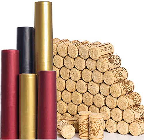 Guudoo 200 PCS Wine Bottle Corks and Seals, 100 Count Natural Wine Corks and 3 Colors (Red, Black, Gold) 100 Count PVC Heat Shrink Capsules for Wine Bottles, Size 8 Straight Cork Stopper