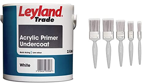 Leyland Trade Acrylic Primer Undercoat - White 2.5L and Harris Essentials Walls & Ceilings Paint Brush Set | Pack of 5 | 0.5, 1, 1.5, 2