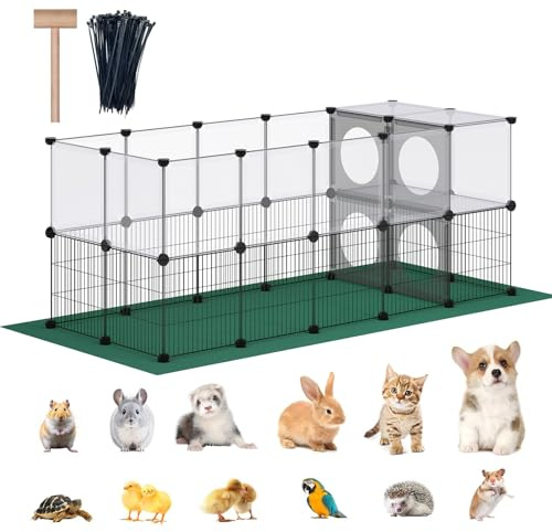 DINMO Small Animal Playpen with Oxford Mat, 24 inches Height, Pet Exercise Fence, Home Protector, Iron Mesh and Plastic Combination, Visualization, DIY, Games Hole Series, 60.2 x 24.8 x 24.8inch