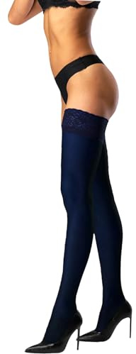 JUST BEAUTY TOUCH Opaque Hold Up Thigh High Stockings, Floral Lace Top with Double Silicone Band, 60 Denier Women's Lace-Top Stockings