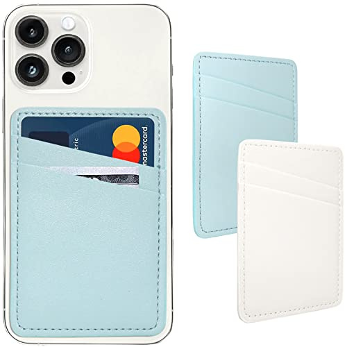 Phone Wallet Stick On, Leather Phone Card Holder, Credit Card Holder for Phone Case Compatible with iPhone, Samsung and Android - White, Blue