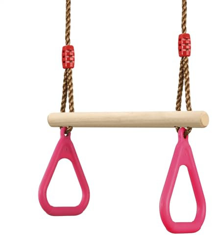 PELLOR Altalena Trapezio in Legno Multifunzionale per Bambini con Anelli da Ginnastica in Plastica per Appendere Portata Fino a 160 kg (Rosa)
