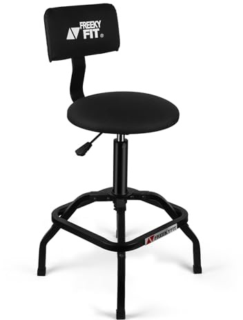 FreekyFit Shop Stool with Backrest, Mechanic Garage Stool for Workshop, Adjustable Shop Stools Chair, Padded Workbench Stools for Men Women, 300 LBS Capacity, 360° Swivel PVC Seat, Heavy Duty, Black