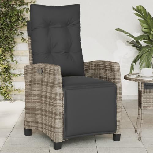 Festnight Sillón Reclinable de Mimbre para Exteriores con Cojines, Sillón Reclinable Jardín, Sofá de Ratán Ajustable Automático, Resistente a los Rayos UV,Gris(con reposapiés)