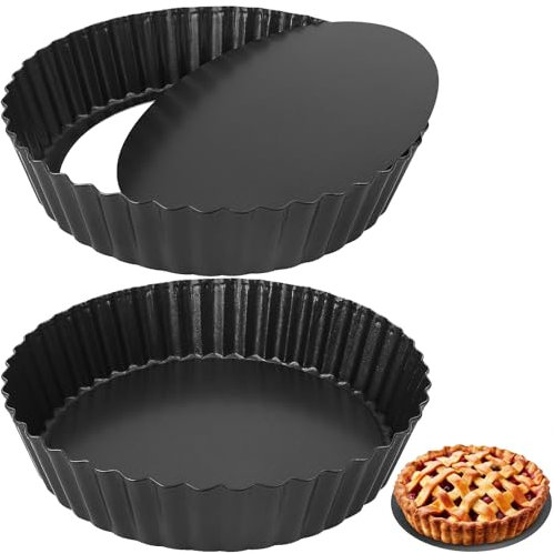 Abaigeal 2 Pcs Pie Dish with Nonstick Coating, 9 Inch Cake Tin with Removable Bottom Round Carbon Steel Tart Tins，24 cm Fluted Round Tart Quiche Pie Pans, Carbon Steel Baking Pan Dish