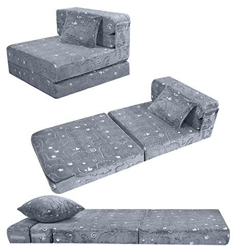 MeMoreCool Spielsofa Kindersofa, Glow-Kinder Sofa, Kinder-Klappsofa, Flip-Sofa Kindercouch, Z-Bett, kindersofa ausklappbar, Bodenbett, Klappcouch für Spielzimmer, Grau Dinosaurier