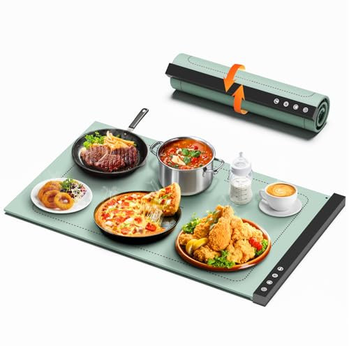 Warming Mat - Full Surface Rapid Heating, Rollable & Portable Food Warmer with 6 Temperature Settings and 1-4 Hours Adjustable Timer, Silicone Heating Mat for Party Buffet (Green)