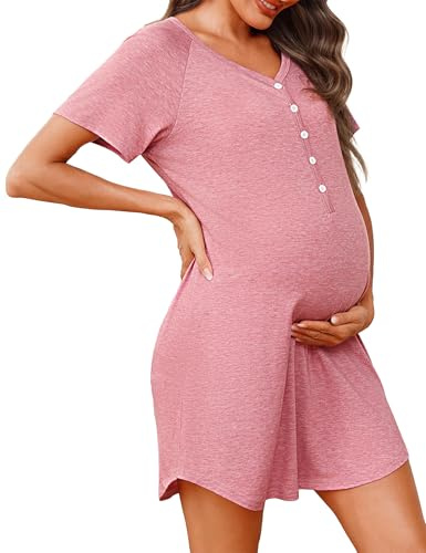 Uniexcosm Camison Embarazada, Camisón Maternidad Lactancia Algodon Camison Premamá Corta Camisón Lactancia Mangas Raglán con Botones Camisón con Cuello en V para Hospital Hogar Raíz de Loto Rosa S
