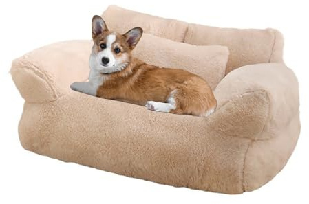 Sofá calmante para mascotas, nuevo sofá cama suave para gatos con parte inferior antideslizante, cama extraíble lavable para mascotas, sofá de felpa para gatos y perros pequeños, medianos (beige, M)