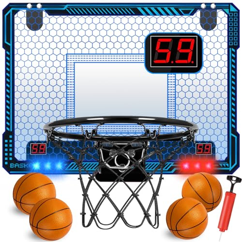 TEUVO Intérieur Panier Basket pour Enfants avec 7 Couleurs Lumières LED/ 4 Balles/Electronique Scorer, Accueil Bureau Porte Mini Panier Basket Sport Jouet Cadeaux pour 6 8 9 10 11 12 13 Garçons Filles