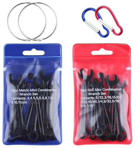 GOLD DEER 20PCS Mini Wrench Set Standard Metric and SAE 4mm-11mm & 5/32-7/16 Open End and Box End Combination Wrench Set Super with Portable Pouch and Key Rings, Black Electrophoretic Coating