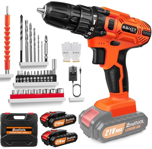 Cordless Drill, 21-Volt Electric Screwdriver Drill 2 Variable Speed, LED Work Light, MAX 1400 RPM with 29PCS Drill Bits Set DIY Tool for Home Drilling Wood/Metal (2 X 1.5 Ah Battery)