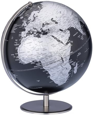 TROIKA Glob med 30 cm diameter WELTBLICK 30 – förkromad metallfot – rörlig axel – tysk märkning – plast, metall – svart, silverfärgad – TROIKA Original
