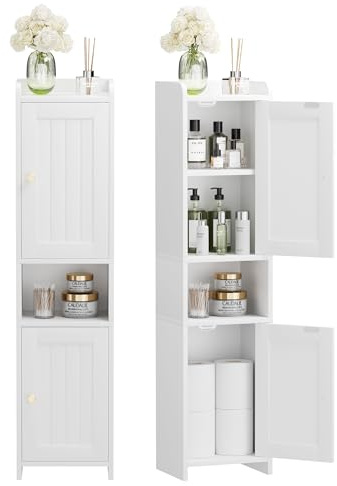 GLANZALANT Bathroom Cabinet with 2 Doors, 7.3 x 9.8 x 40.4 Inches, Small Freestanding Storage Cabinet with Adjustable Shelf, Floor Cabinet for Small Spaces, Bathroom, Entrances, Kitchen, White