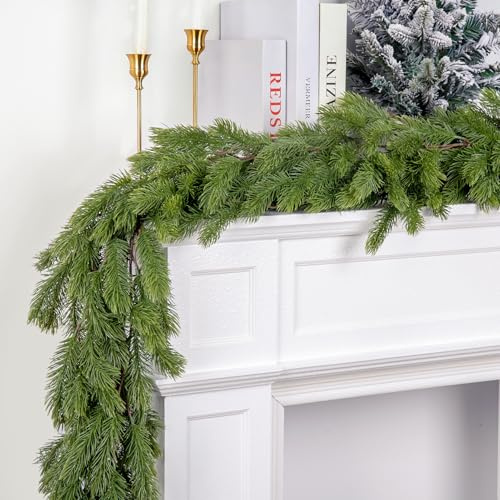 Wakeys Christmas Norfolk Pine Garland, Real Touch Christmas Garland, Artificial Greenery Garland for Winter Holiday Mantel Fireplace Christmas Table Home Decoration