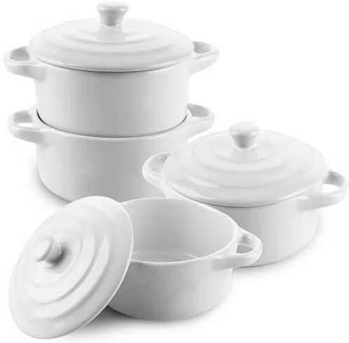 APACALI 4 pezzi Mini Cocotte con coperchio, piccolo in porcellana con manici, piccoli pirottini per lasagne, soufflé, forno, microonde e lavastoviglie