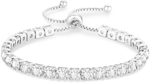 KRKC Adjustable Tennis Bracelet for Women, Cubic Zirconia, 14K White Gold Plated, Elegant Gift for Her, CZ Bracelet for Wife, Birthday & Mother's Day Jewelry with Gift Box (White Gold, 2mm)